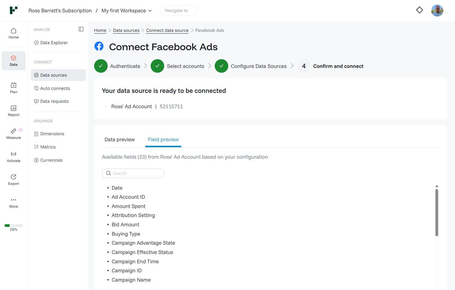 Facebook Ads · Field preview