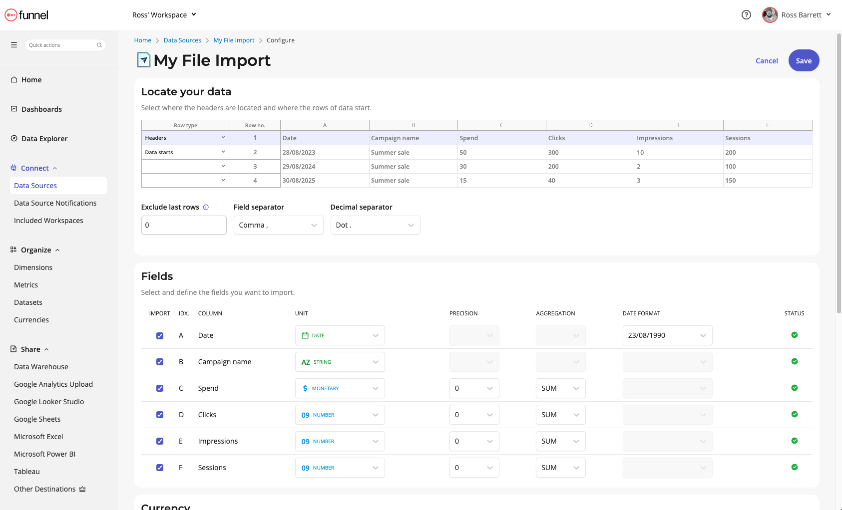 The manual data upload configuration in Funnel
